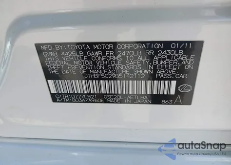 2011 Lexus Is 250 из США, поврежденный, VIN JTHBF5C29B5142112